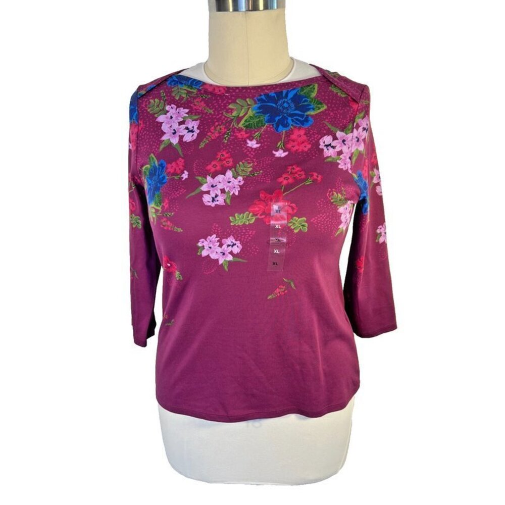 Style & Co Long Sleeve Tee Shirt Women's XL Floral on Purple Boat Neck 3/4 Sleev